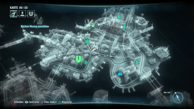 Schick, aber unübersichtlich: die Karte von Gotham City (Screenshot: Golem.de)